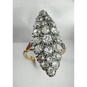 Belle Epoque Marquise Ring With Old Cut Diamonds In Yellow Gold And Silver