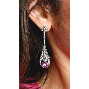 Art Deco Style Drop Earrings With Fine Rubies And Diamonds On Platinum