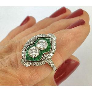 Art Deco Style Marquise Ring, You & Me Diamonds, Calibrated Emeralds & Diamonds On Platinum