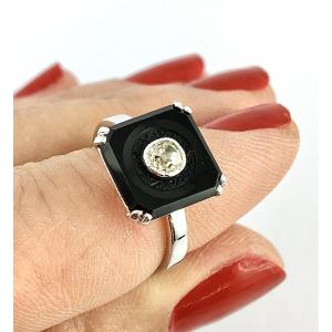 Art Deco Style Onyx Plaque And Diamond Ring On White Gold