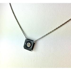 Art Deco Style Necklace Onyx Plaque And Diamond Pendant On White Gold