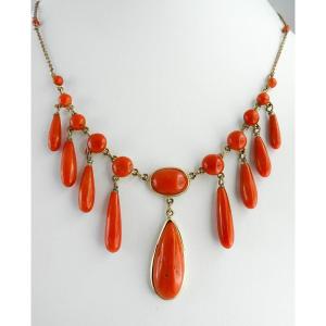 Chandelier Necklace With Drops, Pear And Coral Buttons On Rose Gold