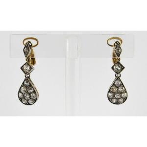 Clip-on Earrings With Drops Of Old-cut Diamonds Paved In Yellow Gold & Silver