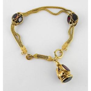 Napoleon III Column Mesh Bracelet, Garnets, Heliotrope Jasper Seal, Yellow Gold