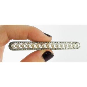 Art Deco Barrette Brooch With Fine Pearls And Old-cut Diamonds On Platinum