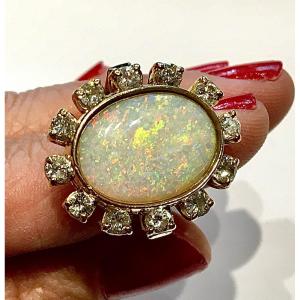 Australian Opal Daisy Ring With Diamond Surround On Yellow Gold 