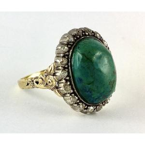 Turquoise Cabochon Ring Surrounded By Diamonds In Yellow Gold And Silver Belle Epoque