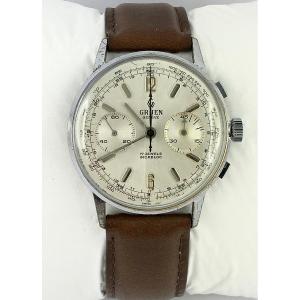 Gruen Chronograph Watch, Calibre Landeron, Mechanical, 1950, Steel On Leather