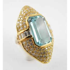 Marquise Ring Aquamarine Pave Set With Diamonds On Yellow Gold