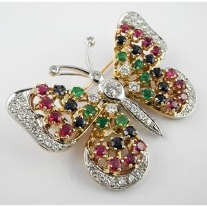 Trembling Butterfly Brooch Pendant With Diamonds, Sapphires, Rubies And Emeralds / Yellow & White Gold