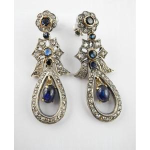 Dangle Earrings With Garland And Knot Motifs, Sapphires And Diamonds On Yellow Gold And Silver