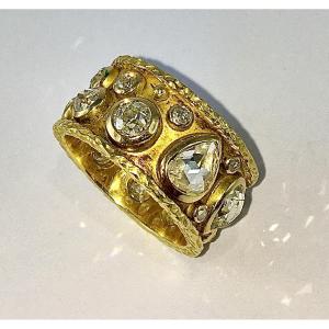 Ribbon Ring With Pear And Round Diamonds, Rose And Antique Cuts, In Yellow Gold