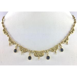 Drapery Necklace With Sapphires, Cabochons And Fine Pearls On Yellow Gold Filigree Links