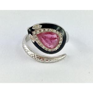 Serpent Ring With Ruby And Pear-shaped Design, Black Enamel And Diamonds On White Gold