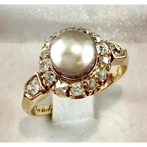 19th Century Daisy Ring, Certified Fine Pearl, Diamond Setting On Yellow Gold, Dated 1882