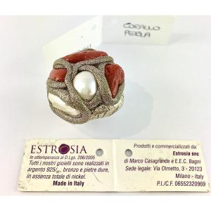Estrosia Ball Ring With Coral, Pearl And Resin On Silver