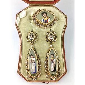 1/2 Regional Tradition Parure, Brooch & Earrings/rose Gold, Enamel Miniatures 1840-1860