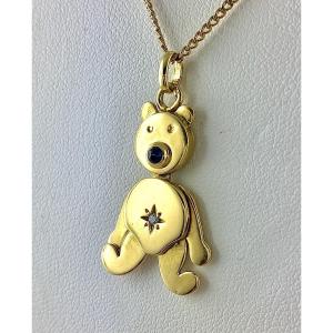 Articulated Teddy Bear Pendant, Sapphire And Diamond On Yellow Gold