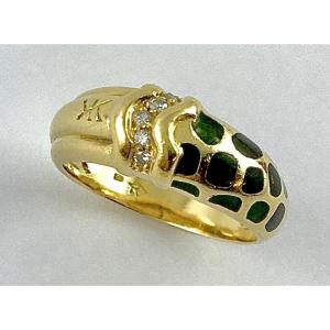 Ring Signed Korloff, Stylized Panther Motif, Black And Green Lacquer, Diamonds On Yellow Gold