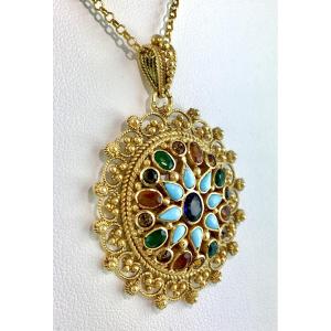 Yellow Gold Colored Gemstones And Granulation Pendant