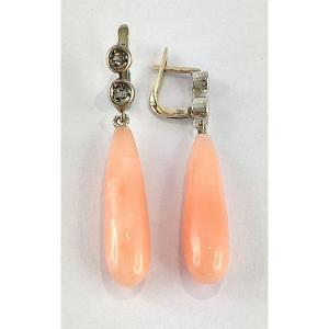 Coral Drop Angel Skin Earrings With Diamonds On Silver And White Gold