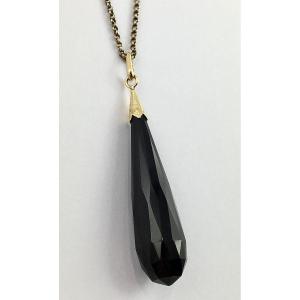 Important Faceted Pear Shape Jais Pendant In Briolette On Yellow Gold