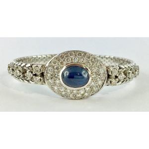 Vintage 70's Sapphire Cabochon And Diamond Pavage On White Gold Bracelet