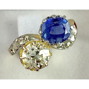 Toi Et Moi Ring Antique Cut Sapphire And Diamond On Yellow And White Golds