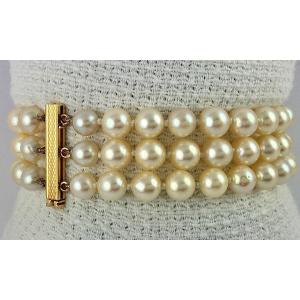 Bracelet Three Rows Japanese Akoya Cultured Pearls Rose Gold Clasp