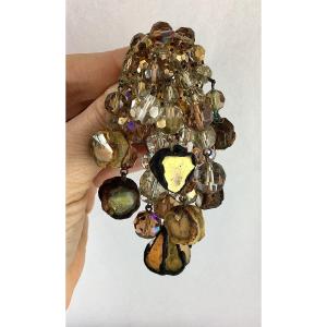 Line Vautrin Brooch In Gilt Bronze, Talosels And Glass Beads