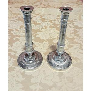 Pair Of Restoration Period Candlesticks, Silvered Bronze 
