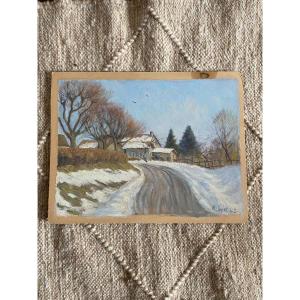 Landscape In Switzerland. Village Under The Snow. Oil On Cardboard. M.joyet 1942