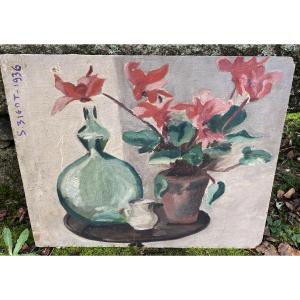 Still Life With Cyclamens And Vase. Oil On Wood.