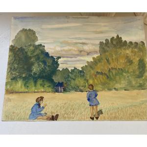 Children In The Field. Watercolor 1945