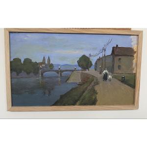 Oil On Cardboard, Framed. 19th-early 20th Century. Evening Walk. The River Under The Bridge.