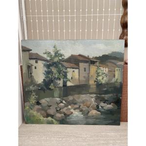 The Village By The River. Oil On Panel