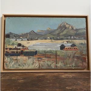 Trains And Mountains. Oil On Cardboard. 20th Century.