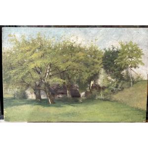 The Hamlet In The Trees. Oil On Wood. Early 20th Century. Countryside Landscape