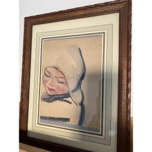 Portrait Of A Child. Watercolor By Augustin Hanicotte