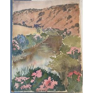 The River In Spring. Early 20th Century Watercolor. Landscape.