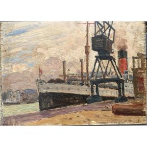 l'Ascania, Harbor Scene, Military Ship Ww1. Jules Ausset
