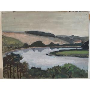 Landscape Of River And Hills. Oil On Cardboard. 20th Century.