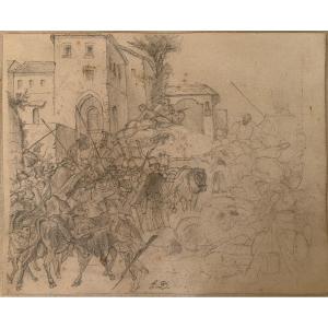 Soldiers In A Village - 19th Century Drawing - Monogram "e.d." - Horses