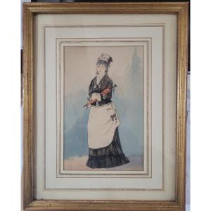 Portrait Of An Elegant Woman With A Parasol - 19th Century Watercolor
