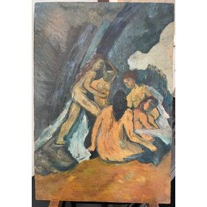 Modern School - In The Style Of Paul Cezanne - Female Nudes - Oil On Panel