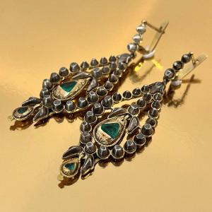 Catalan Earrings. 18th Century. Emeralds And Rose Cut Diamonds.