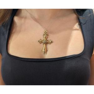 1850s 18k Gold Cross With Enamel, Half Pearls And Rose-cut Diamonds