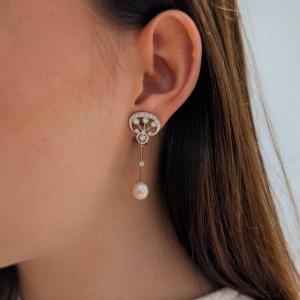 Art Deco Style Diamond And Pearl Earrings. 18-carat Gold.