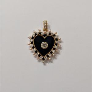 Heart-shaped Pendant, Onyx, Diamonds And Pearls.