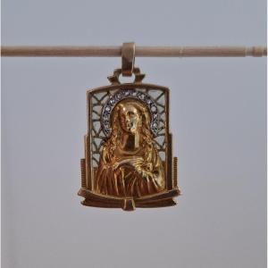 Religious Medal In 18k Gold And Enamel From The 1950s.